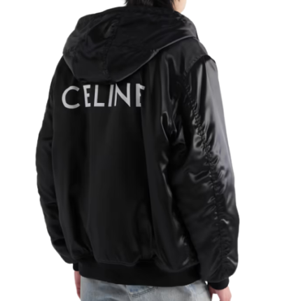 Celine Homme Oversized Chain-Embellished Logo-Print Nylon Hooded Bomber Jacket